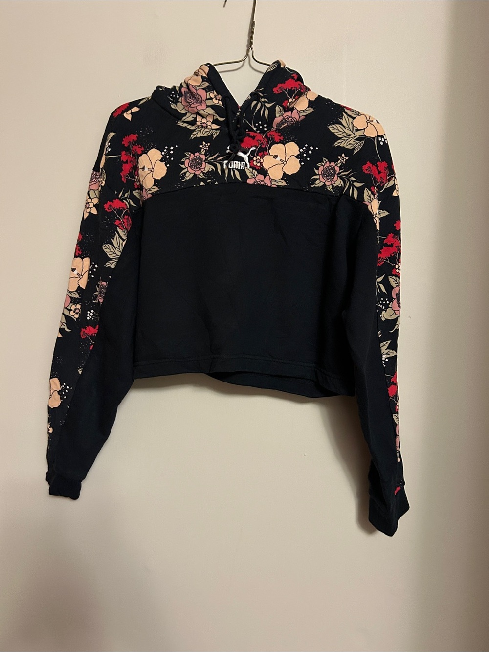 Puma Black Cropped Hoodie with Pink and Red Floral Panels size XS good condition